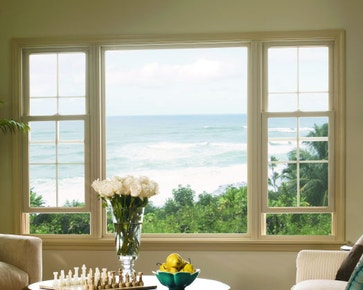 Picture window in a home overlooking Long Island sound.