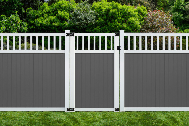 two tone spindle gray white vinyl fence with gate