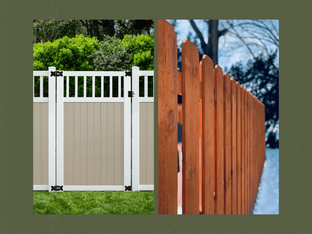 new two-tone vinyl fence (white & tan) next to a new cedar fence