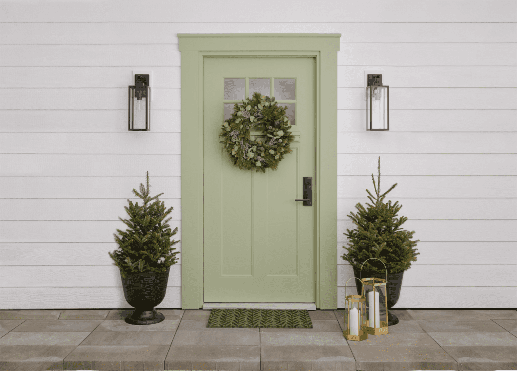 sage green-colored entry door