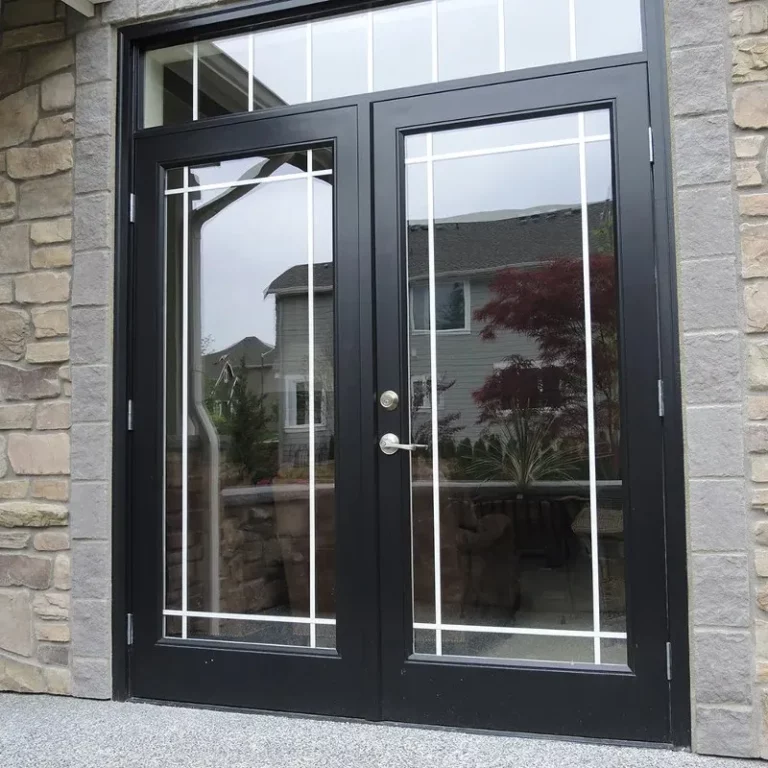 Double Entry Doors with Prairie Grids in Black, one of the Trending Front Door Colors of 2024