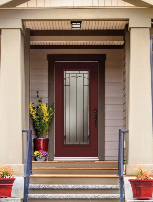 Wineberry-colored entry door with a large glass with grilles