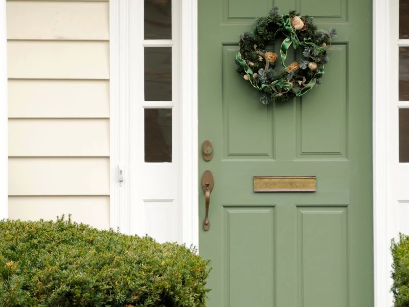 Entry door with 6 panels and in sage, one of the trending Front Door Colors of 2024