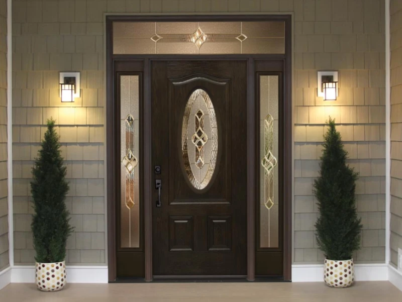 Rich mocha-colored entry door with an oval glass.