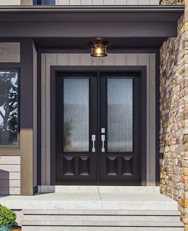 Black double front doors with large solid panes of glass