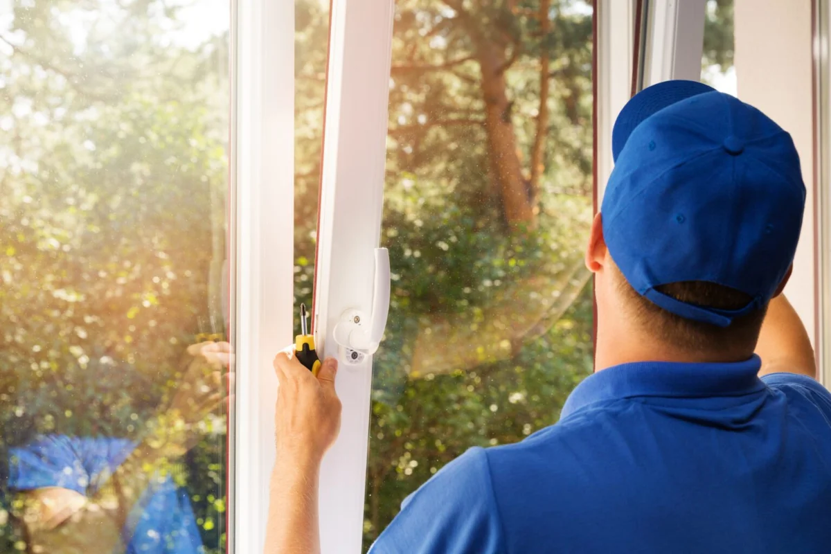 worker installing new vinyl window in long island house