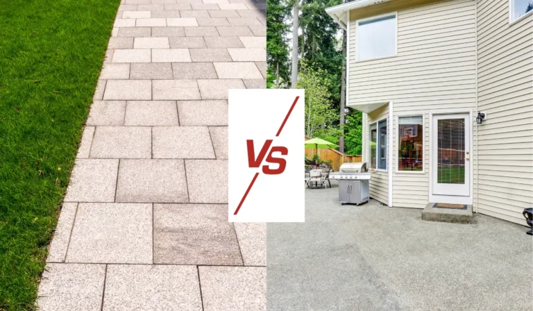 Split image showing pavers on one side and a concrete patio on the other—visual comparison of pavers vs concrete for outdoor spaces in Long Island