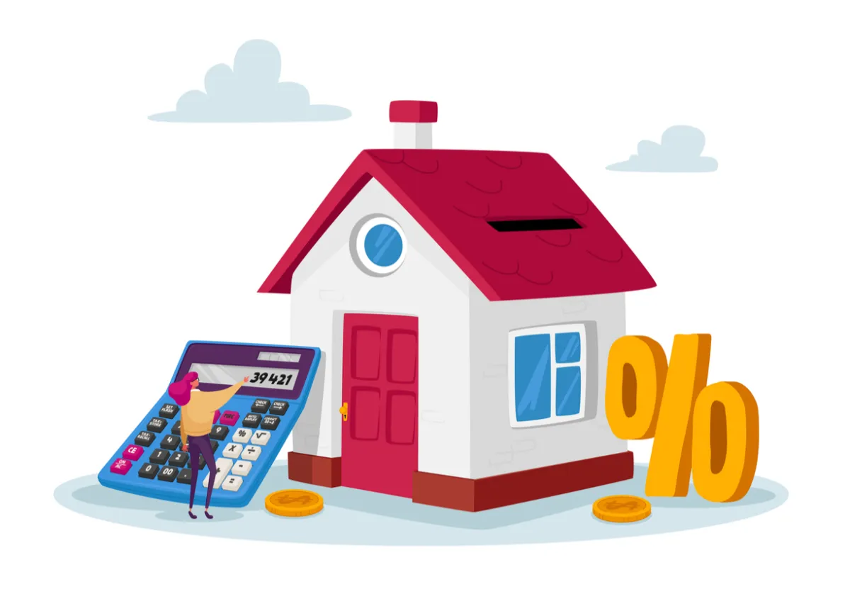 Cartoon woman using calculator next to house with financing symbol to represent siding replacement costs