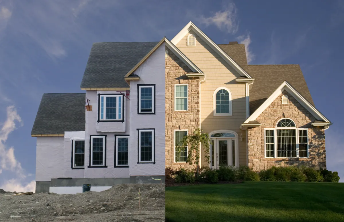 Exterior home before and after remodel showing updated siding, stone accents, and added texture for a 2026 exterior design approach.