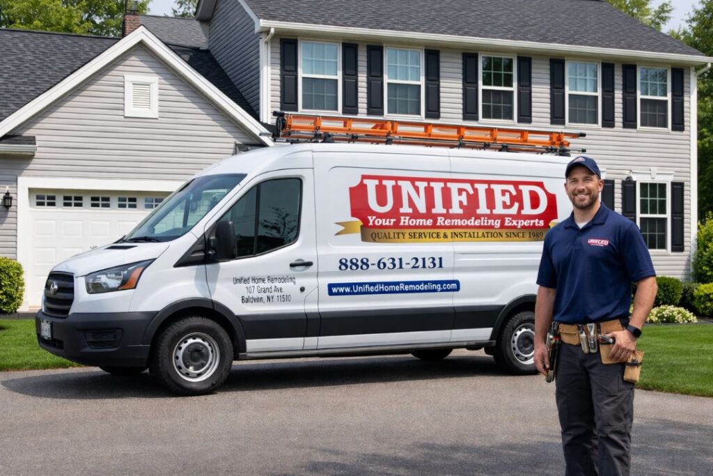 Unified Home Remodeling service truck in front of Long Island home 