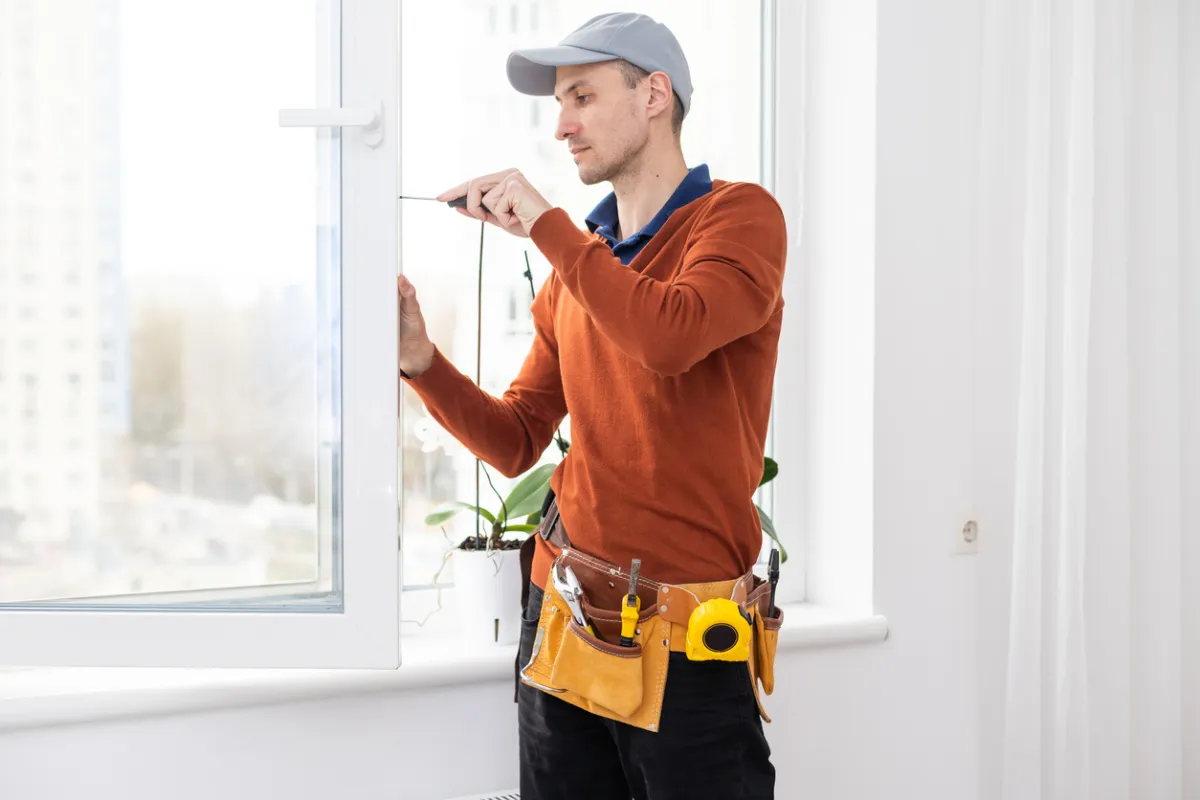 window installer adjusting replacement window frame inside a Long Island home