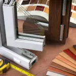 Replacement window frame, glass panes, measuring tape, and finish samples for a Long Island window project