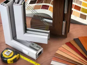 Replacement window frame, glass panes, measuring tape, and finish samples for a Long Island window project