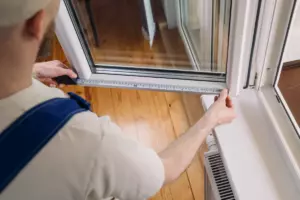 Contractor measuring a replacement window opening for an energy-efficient window installation on Long Island.