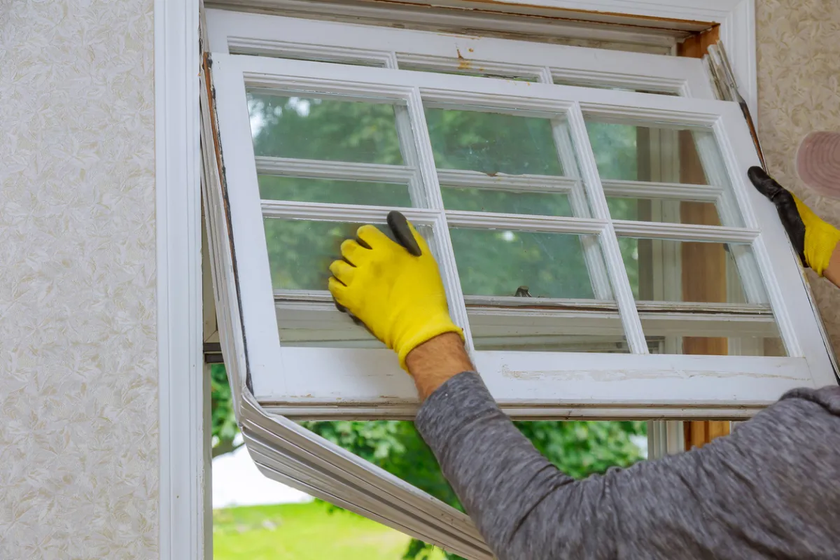 Contractor removing an old window during a replacement window project on Long Island