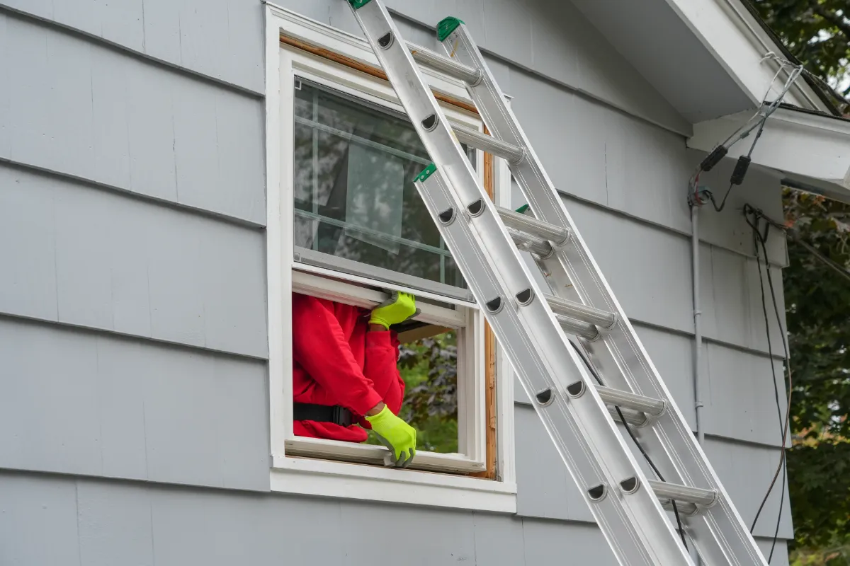 Window installer replacing a second-floor window on a Long Island home.